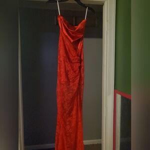 Elegant Red Mini Strapless Dress With Floral Cover Skirt